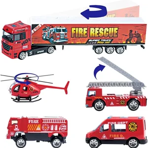 10Pcs Die Cast Fire Engine Vehicles with Carrier Truck Toy Set