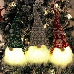 3Pcs LED Christmas Gnome Ornaments (Red, Green & Gray) 12in