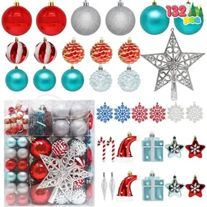 132pcs Red, Blue and Silver Assorted Christmas Ornaments