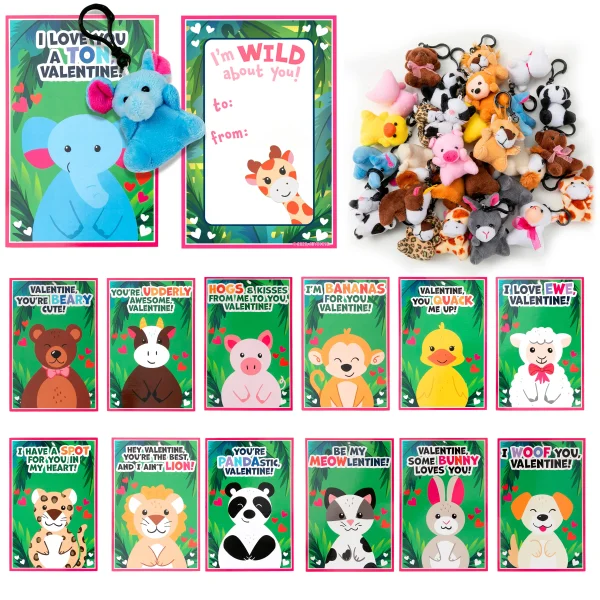 28Pcs Animal Plushies with Valentine's Day Cards for Kids Classroom Gift Exchange