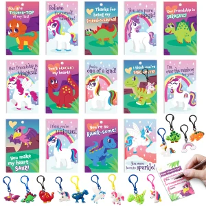 28Pcs Unicorn and Dinosaur Keychain with Kids Valentines Cards for Classroom Exchange Gifts