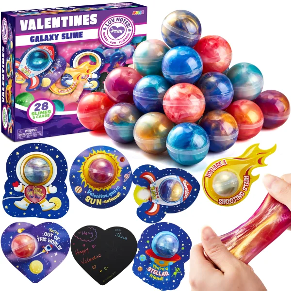 28Pcs Cosmic Realm Valentine Slime with Kids Valentines Cards for Classroom Exchange Gifts