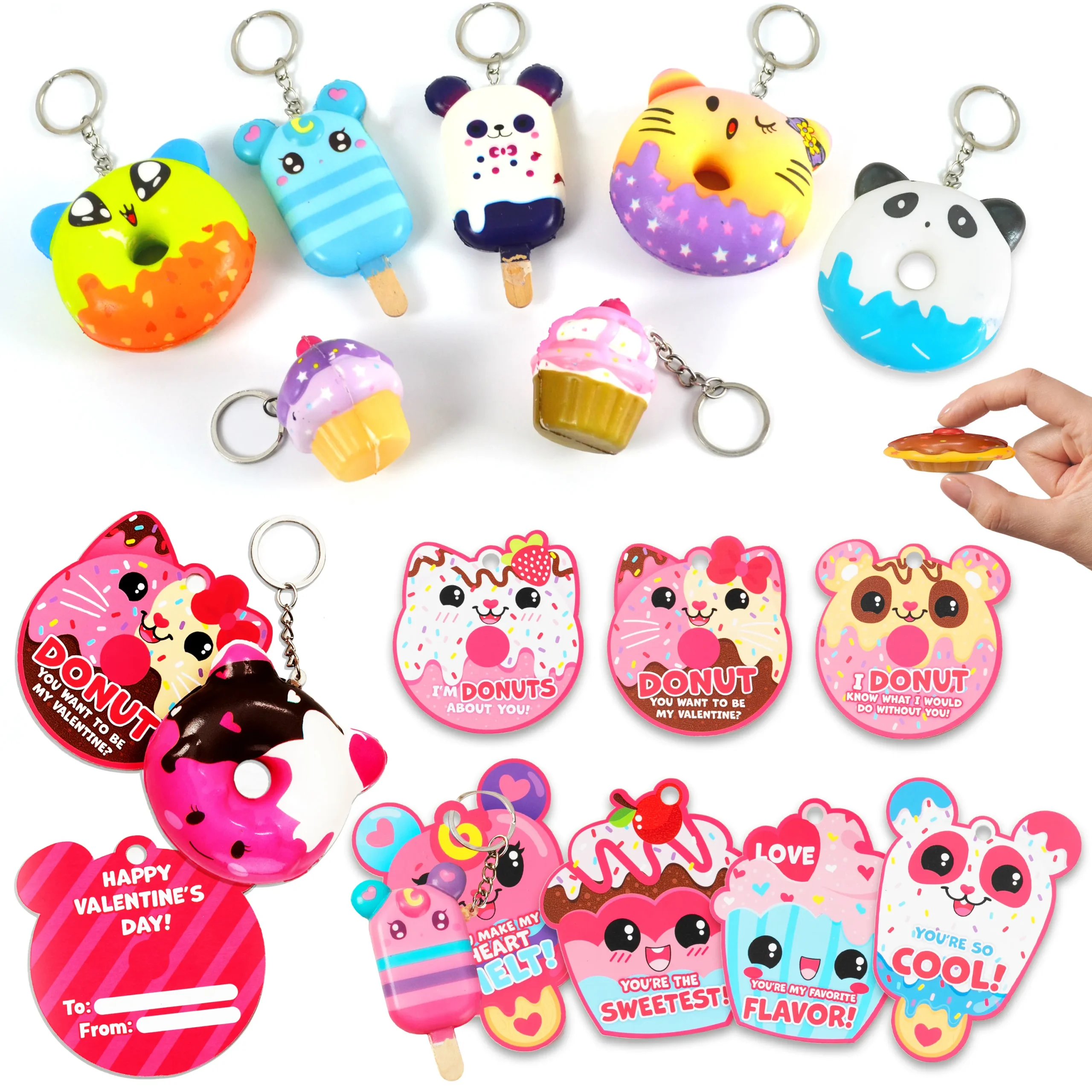 JOYIN 28 Packs Scented Dessert Squishy Toys Stress Relief Keychains with Cards for Classroom Exchange Prizes, Valentine?s Greeting Cards, Valentine