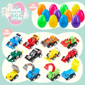 12Pcs Pull Back Cars 3.2in Prefilled Easter Eggs for Easter Egg Hunt