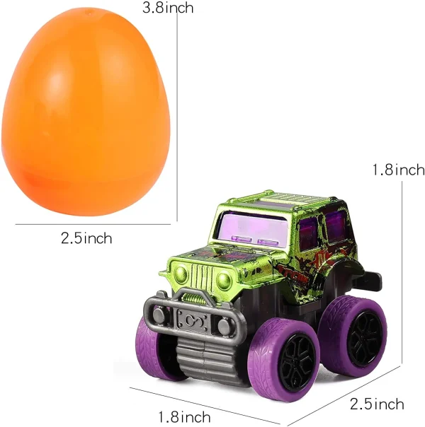 12Pcs 3.8in Easter Eggs Packed with Pull Back Monster Cars and Trucks for Easter Egg Hunt