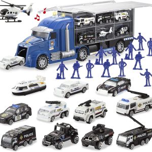 Police Carrier Truck with 12 Diecast Vehicles & 12 Figures, 25 PCS