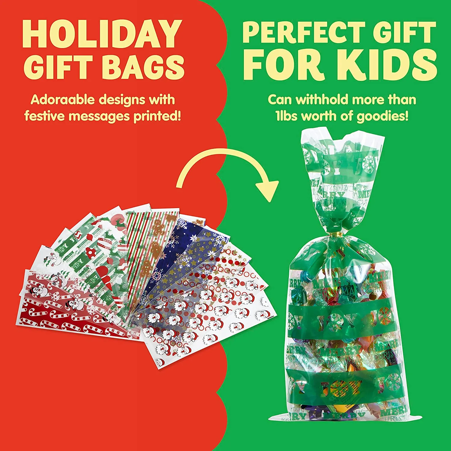 Christmas Cellophane Bags With Holly And Snowflakes Design Pack Of 12