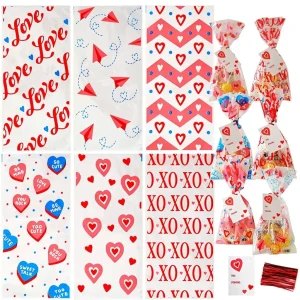150Pcs Valentines Long Cellophane Bags with Little Gift Cards
