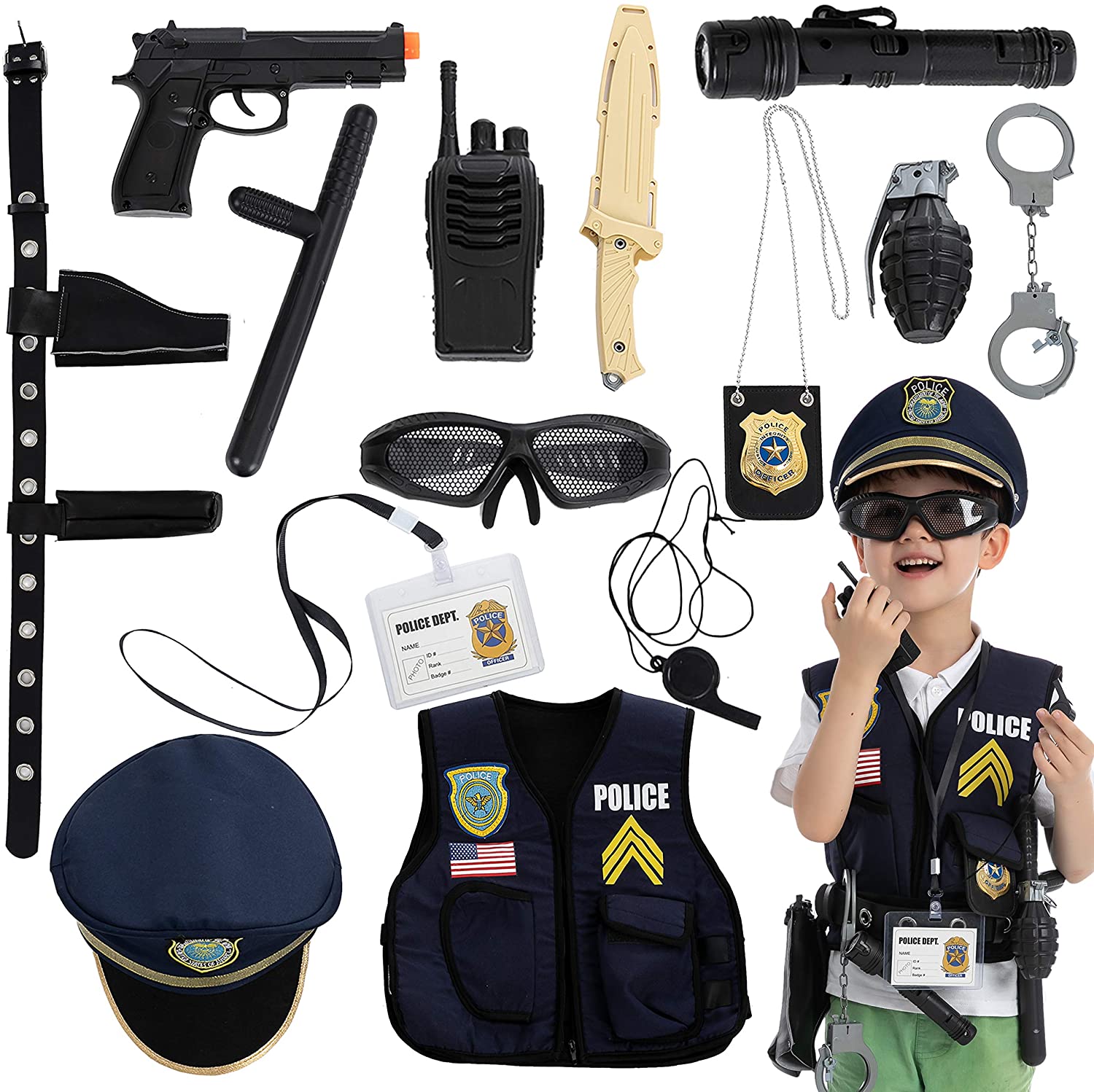 14 Piece Police Pretend Play Toys Hat and Uniform Outfit