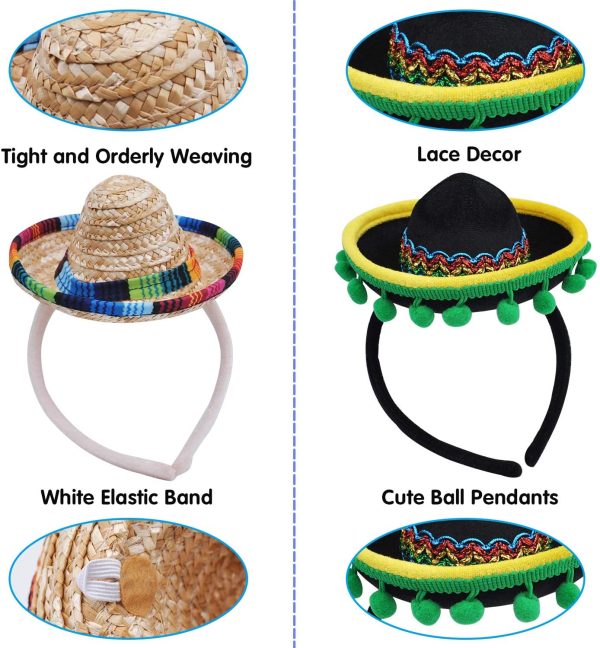 6 Piece Cinco De Mayo Fiesta Fabric And Straw Sombrero Headbands