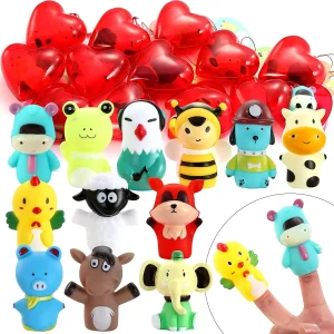 24Pcs Prefilled Hearts with Finger Puppets and Valentines Day Cards for Kids-Classroom Exchange Gifts