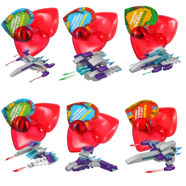 24Pcs Prefilled Hearts with Spaceship Building Blocks and Valentines Day Cards for Kids-Classroom Exchange Gifts