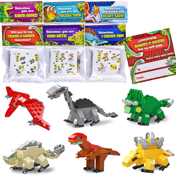 24Pcs Kids Valentines Cards with Dinosaur Building Blocks-Classroom Exchange Gifts