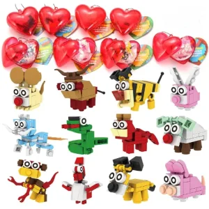 26pcs Building Blocks Animals Prefilled Hearts with Valentines Day Cards for Kids-Classroom Exchange Gifts