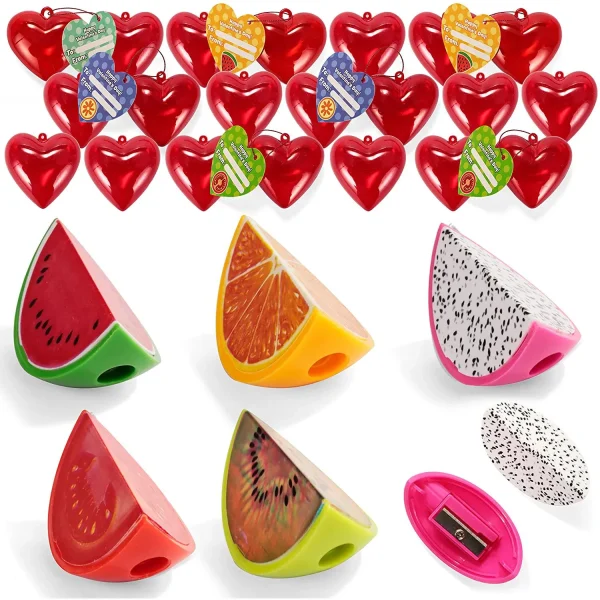 28Pcs Fruit Shaped Pencil Sharpener Filled Hearts with Valentines Day Cards for Kids-Classroom Exchange Gifts
