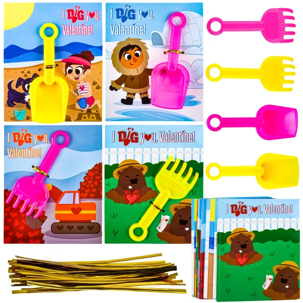 28Pcs Kids Valentines Cards with Shovel Toys-Classroom Exchange Gifts