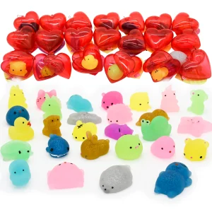 28Pcs Glitter Squishy Toys Filled Hearts Set with Valentines Day Cards for Kids-Classroom Exchange Gifts