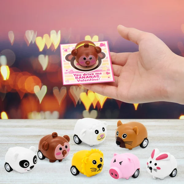 28Pcs Animal Pull-Back Car with Valentines Day Cards for Kids-Classroom Exchange Gifts