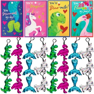 28Pcs Kids Valentines Cards With Glitter Flip Sequin Keychain-Classroom Exchange Gifts