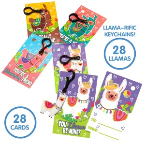 28Pcs Kids Valentines Cards With Llama Keychain-Classroom Exchange Gifts