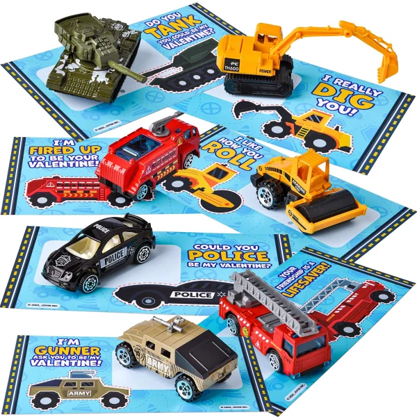 28Pcs Kids Valentines Cards with DieCast City Vehicles Toys-Classroom Exchange Gifts