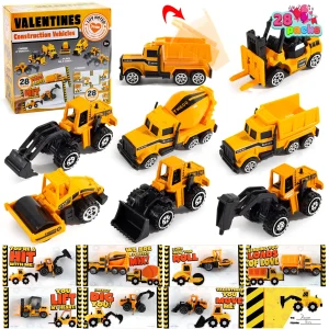 28Pcs Kids Valentines Cards with Mini Construction Vehicle Toy Set-Classroom Exchange Gifts