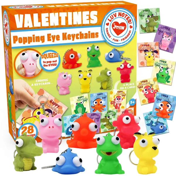 28Pcs Animal Keychains featuring Popping Eyes with Kids Valentines Cards