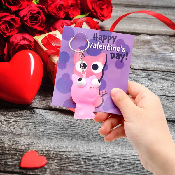28Pcs Animal Keychains featuring Popping Eyes with Kids Valentines Cards
