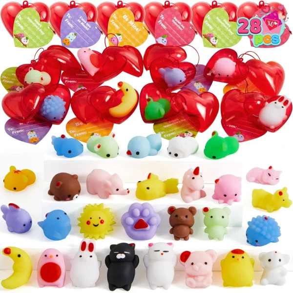 28Pcs Mochi Squishies Filled Hearts with Valentines Day Cards for Kids-Classroom Exchange Gifts (6)