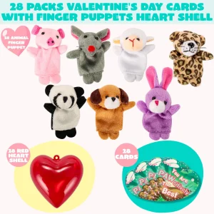 28Pcs Prefilled Hearts with Finger Puppets and Valentines Day Cards for Kids-Classroom Exchange Gifts