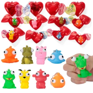 28Pcs Prefilled Hearts with Popping Eyes Keychains and with Valentines Day Cards for Kids-Classroom Exchange Gifts