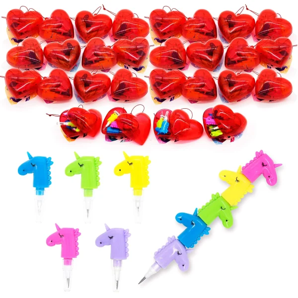 28Pcs Prefilled Hearts with Unicorn Pencils with with Valentines Day Cards for Kids-Classroom Exchange Gifts