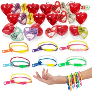 28Pcs Prefilled Hearts with Zipper Bracelets and Valentines Day Cards for Kids-Classroom Exchange Gifts