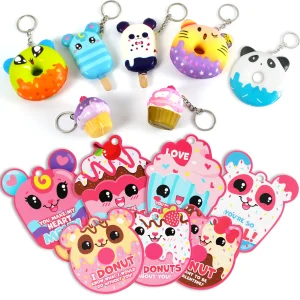 28Pcs Scented Dessert Squishy Toys Keychains with Valentines Day Cards for Kids-Classroom Exchange Gifts