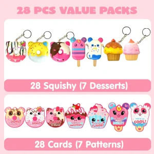 28Pcs Scented Dessert Squishy Toys Keychains with Kids Valentines Cards
