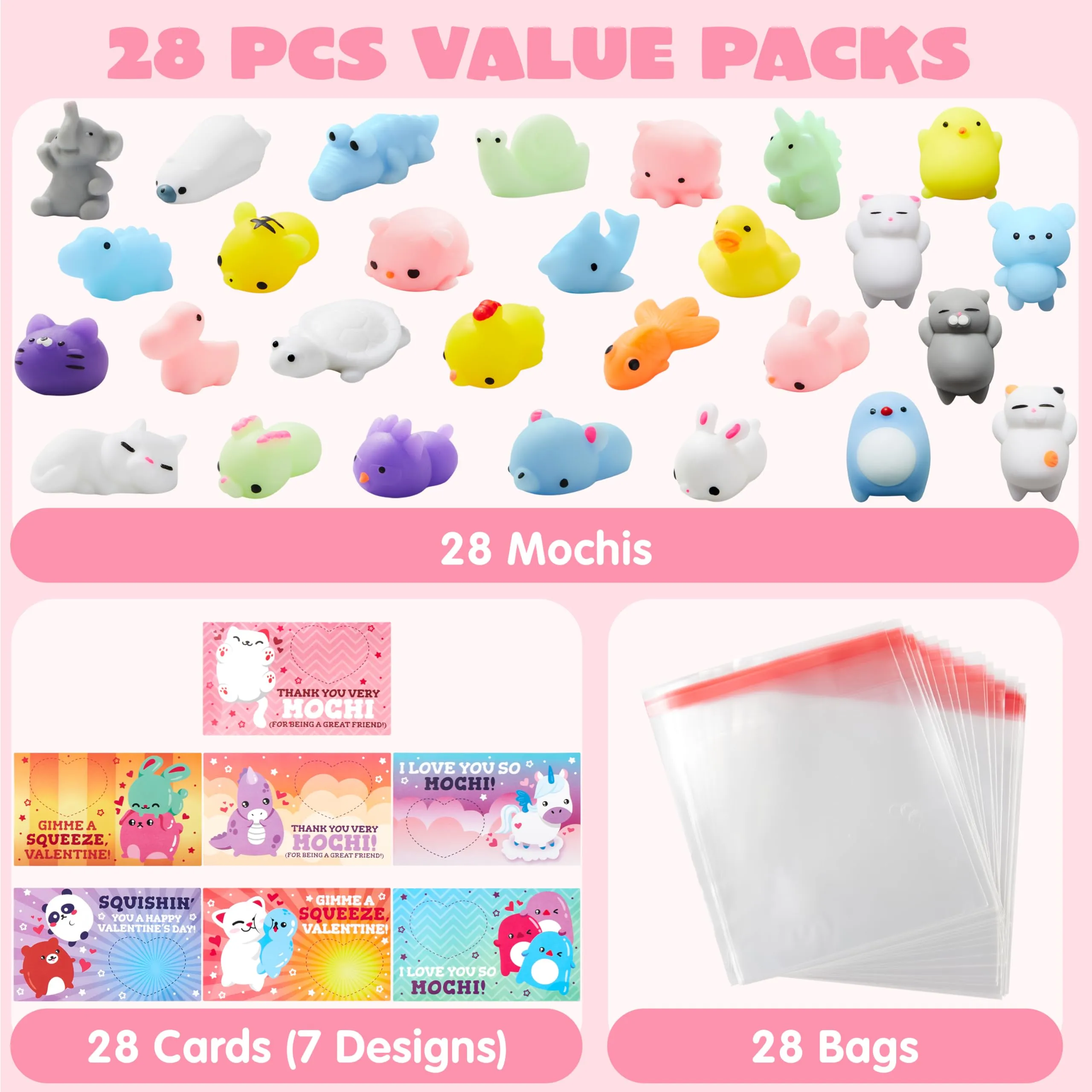 28 Pack Valentines Day Gifts for Kids, Valentine Mochi Squishy Toys Filled  Hearts with Valentine Cards for Kids School Classroom Exchange Prizes