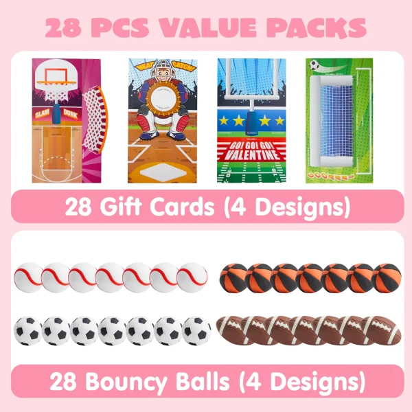 28Pcs Sports Game Erasers with Kids Valentines Cards for Classroom Exchange