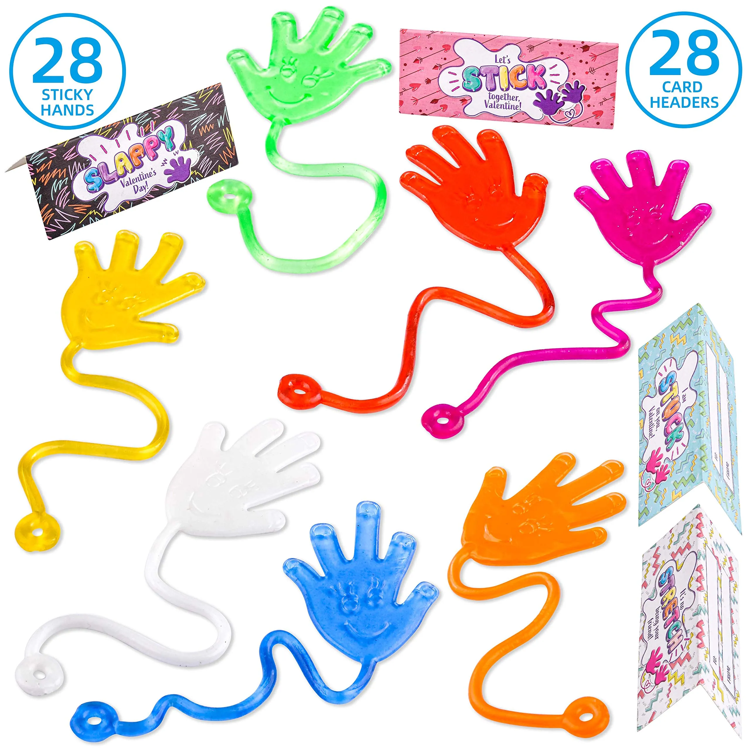 JOYIN 28 Packs Sticky Hands with Card Headers for Kids Party Favor, Classroom Exchange Prizes, Valentines Greeting Cards, Valentine Party Favors