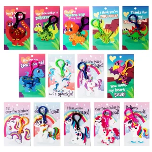 28Pcs Unicorn and Dinosaur Keychain with Valentines Day Cards for Kids-Classroom Exchange Gifts