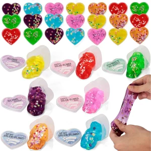 28Pcs Clear Slime Hearts with Valentines Day Cards for Kids-Classroom Exchange Gifts