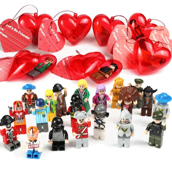 28Pcs Valentines Set Mini Boys And Girls Figurine with with Valentines Day Cards for Kids-Classroom Exchange Gifts