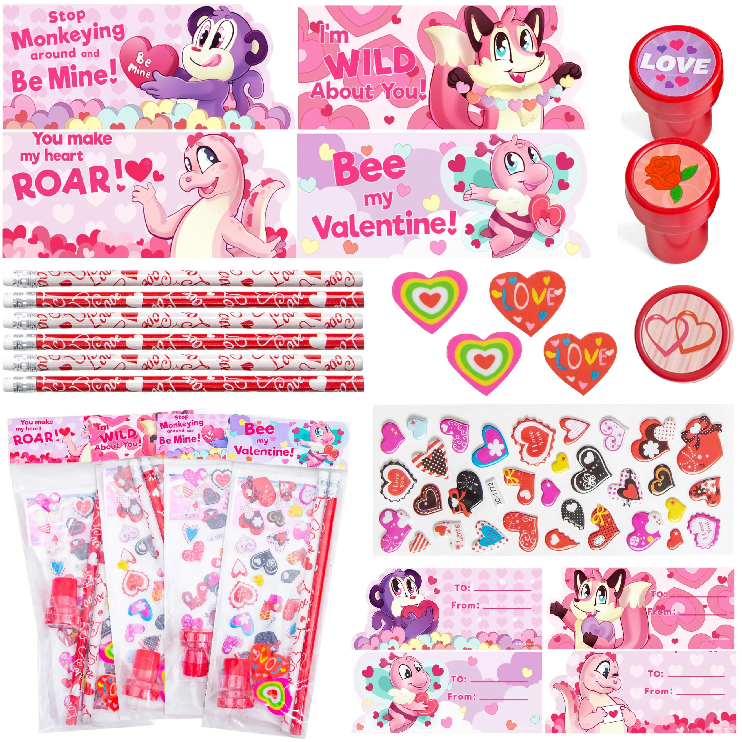 Valentines Day Gifts for Kids - 24 Pack Valentines Day Stationery Gift with  Cards Pencils Stickers Erasers Stampers Sharpener Cups Classroom Prize