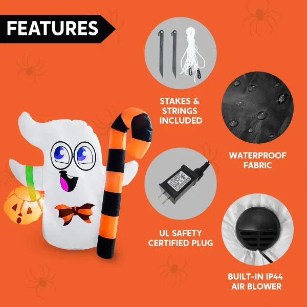 3.5ft Tall Cute Ghost Inflatable Halloween Candy Cane