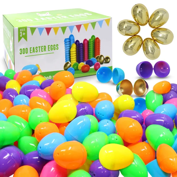 300Pcs 2.3in Bright Solid Assorted Colors and 6 Golden Easter Egg Shells