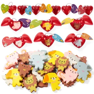 30Pcs Animal Eraser Filled Hearts Set with Valentines Day Cards for Kids-Classroom Exchange Gifts