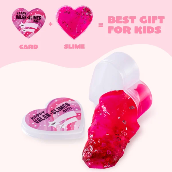 30Pcs Clear Slime Hearts with Valentines Day Cards for Kids-Classroom Exchange Gifts