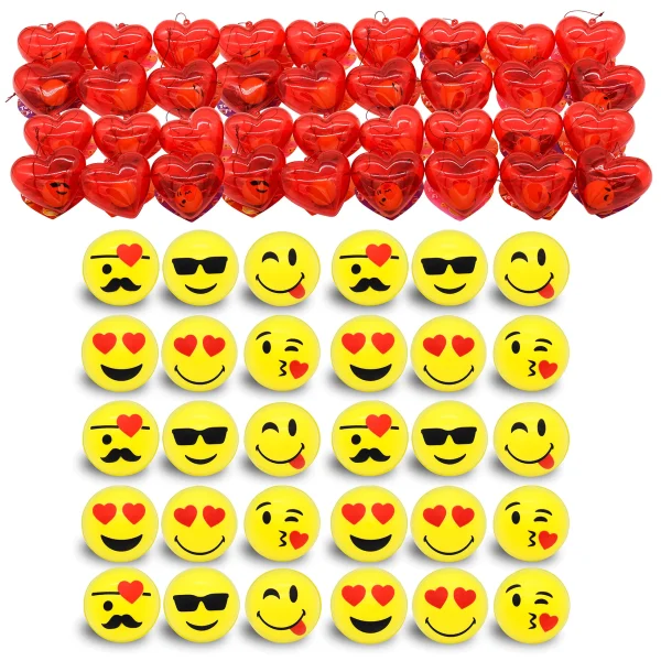 30Pcs Iconic Expression Bouncy Ball Filled Hearts Set with Valentines Day Cards for Kids-Classroom Exchange Gifts