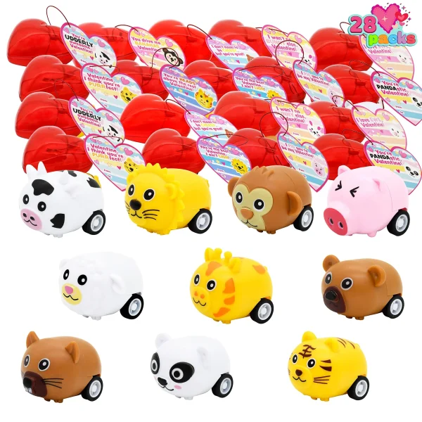 30Pcs Prefilled Hearts with Animal Pullback Cars and Valentines Day Cards for Kids-Classroom Exchange Gifts
