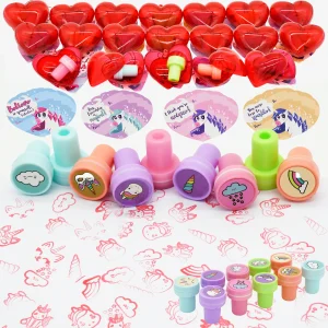 30Pcs Unicorn Stamper Filled Hearts with Valentines Day Cards for Kids-Classroom Exchange Gifts