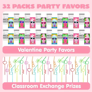 32Pcs Kids Valentines Cards with Colorful Loop Reusable Drinking Straws-Classroom Exchange Gifts